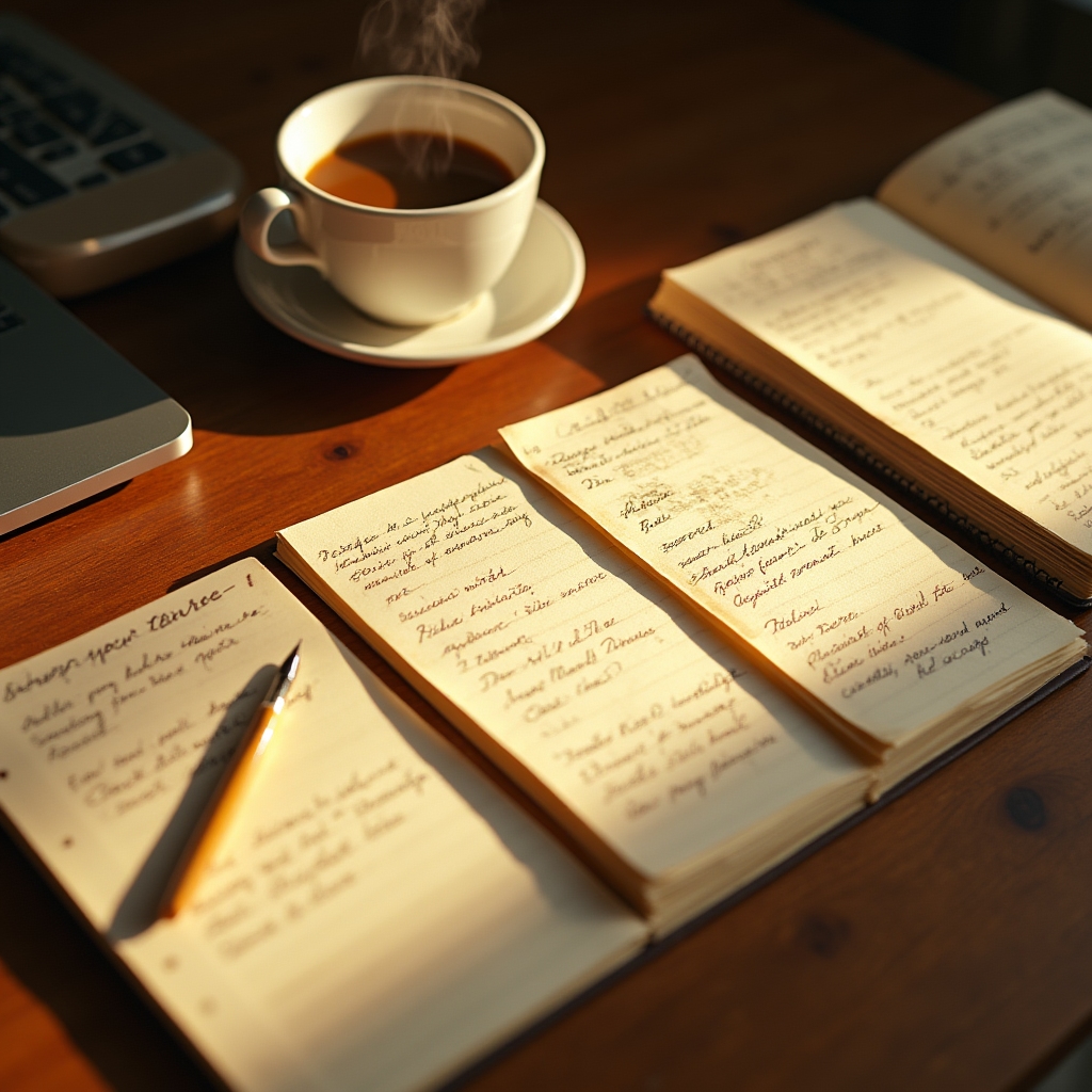 Scrivania vista dall'alto con schede, quaderno e computer portatile durante una sessione di lavoro sulla gestione delle note