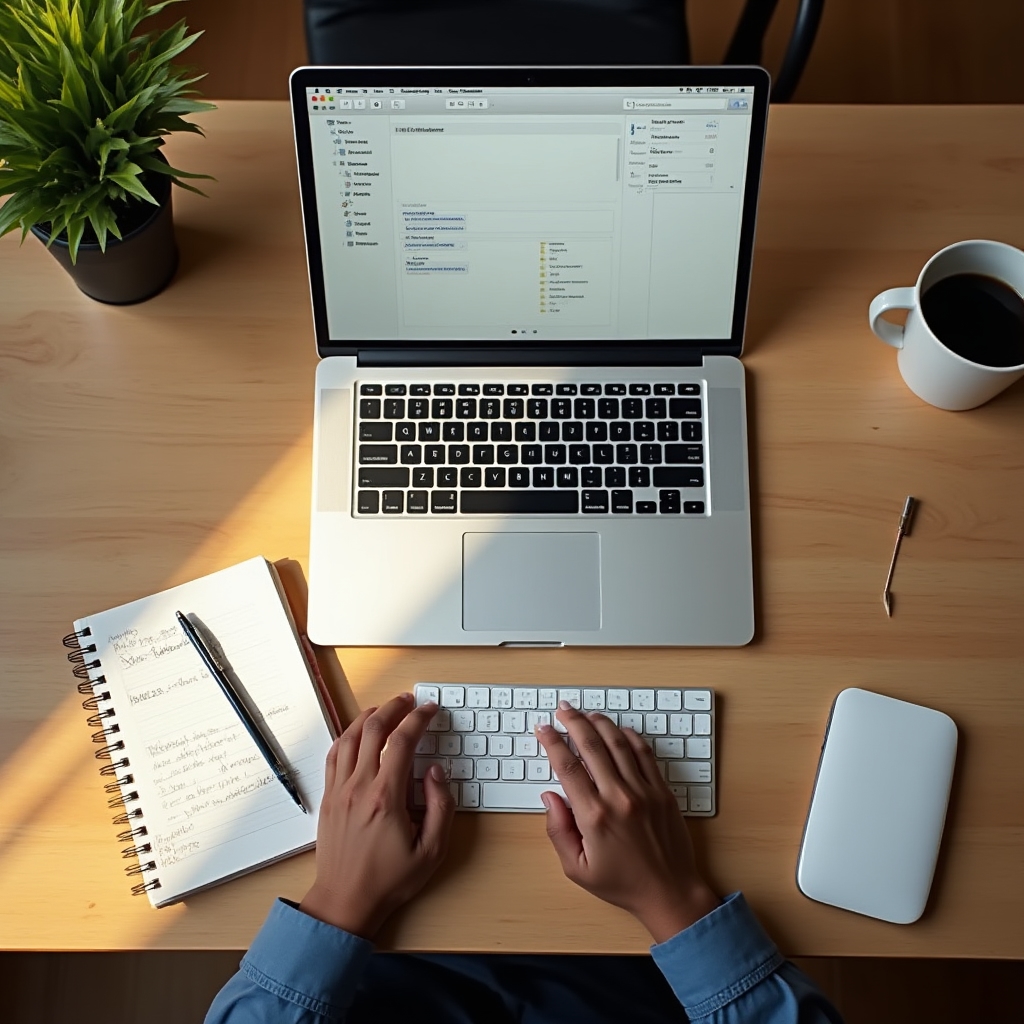 Scrivania vista dall'alto con computer portatile aperto su un'app di note e quaderno accanto, luce calda del mattino
