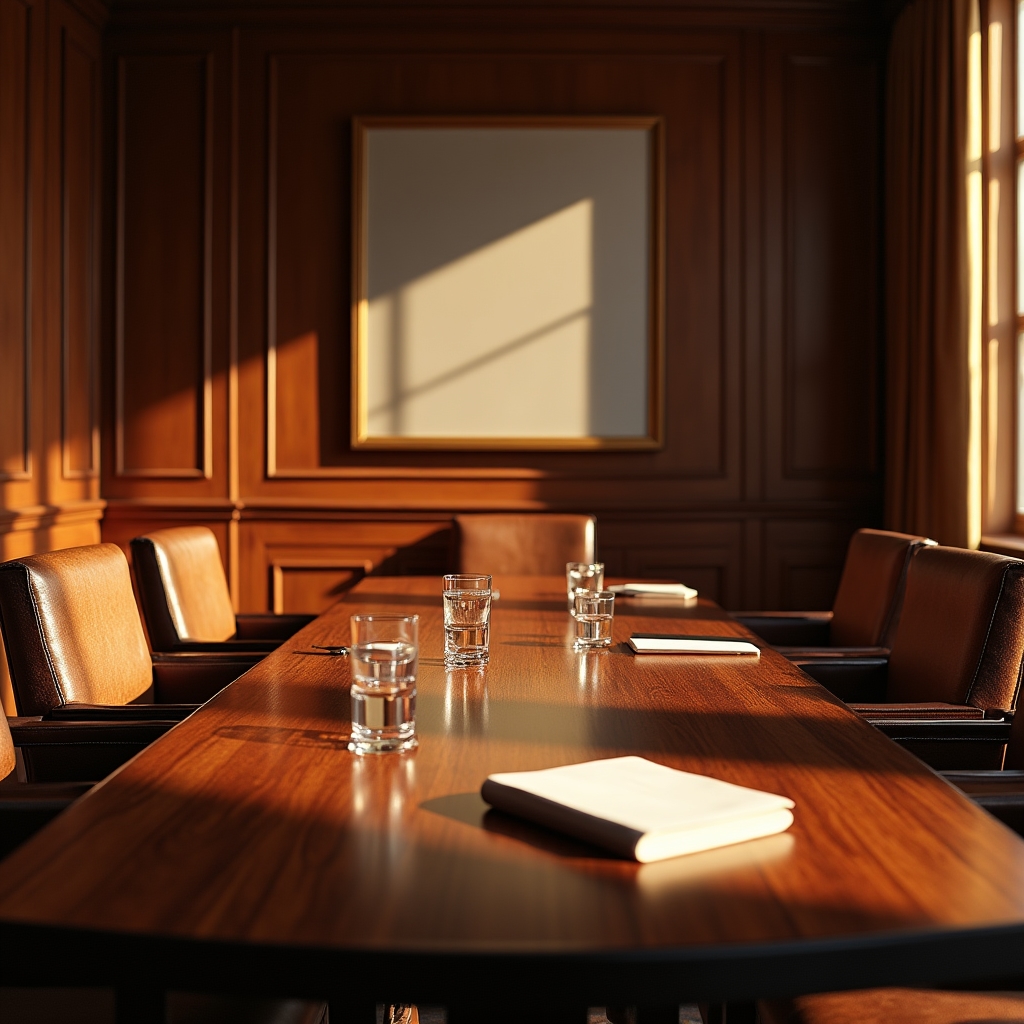 Sala riunioni con tavolo in legno e sedie in pelle usata per colloqui informativi sul corso
