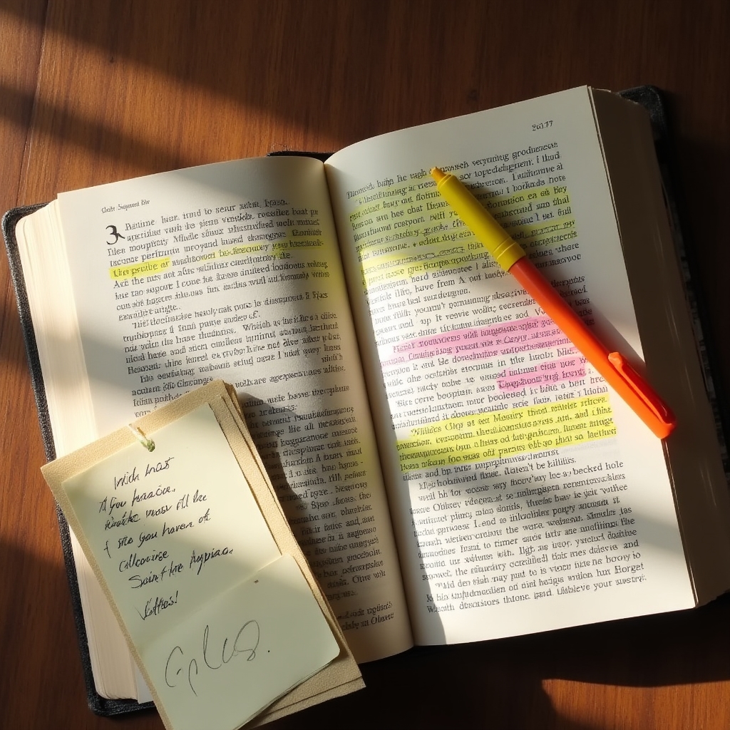 Vista dall'alto di un libro aperto con evidenziatore, note adesive e quaderno per l'elaborazione delle letture