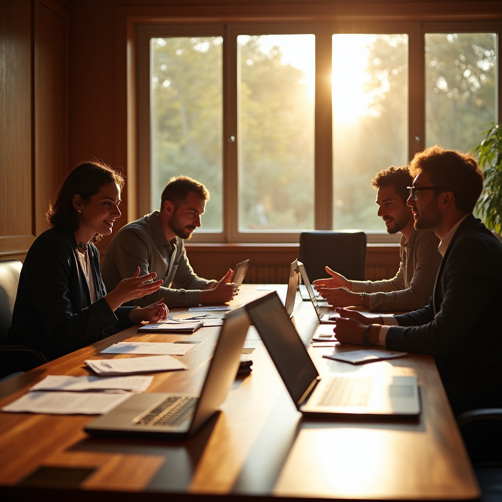 Gruppo di professionisti seduti attorno a un tavolo in legno durante una sessione di workshop sulla gestione delle note